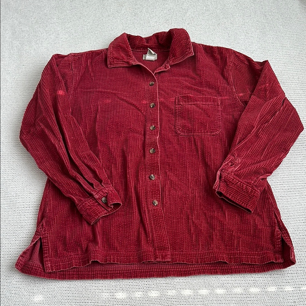 LL Bean 100% Cotton Red Corduroy Button Down Shirt Size Large